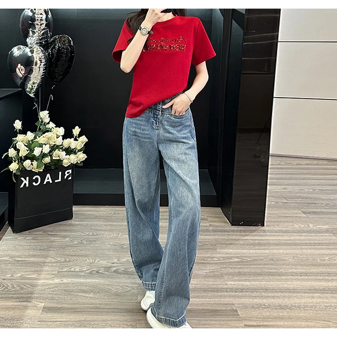 2025夏季新款短袖t恤女韩版圆领重工字母上衣高腰直筒牛仔裤套装