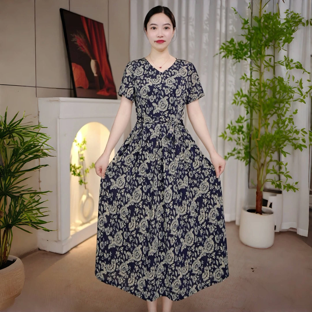 妈妈夏装时尚新款气质印花显瘦连衣裙2025夏季洋气系带裙子0728