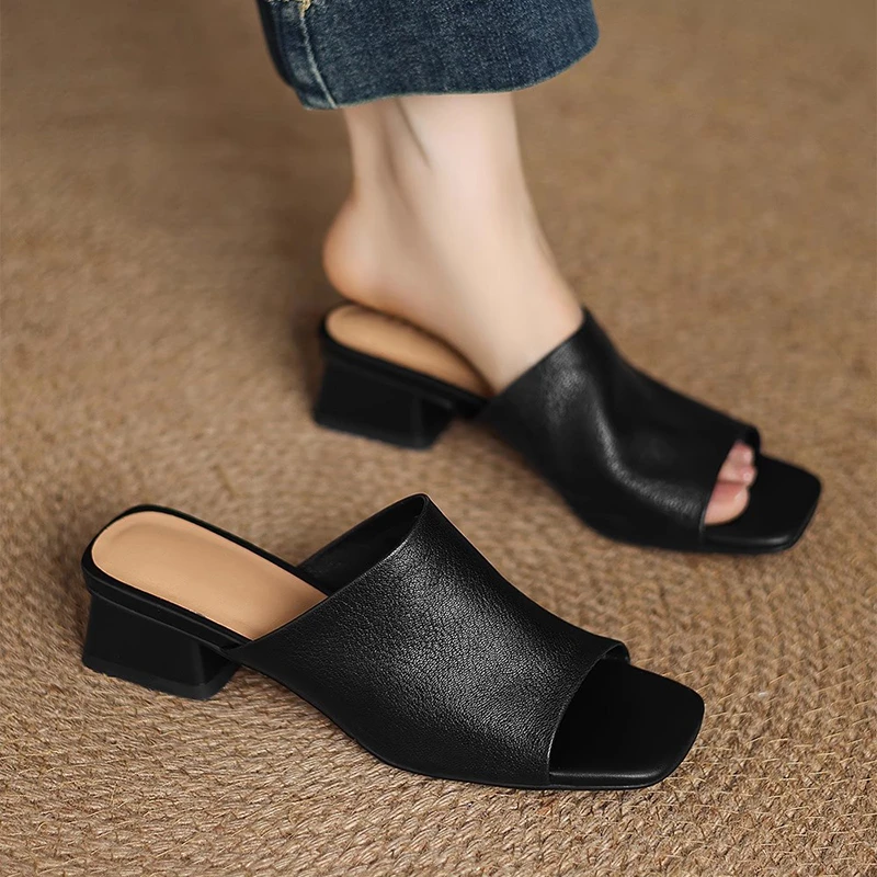 超软羊皮简约粗跟一字拖女夏季外穿真皮方头低跟舒适一腿蹬凉拖鞋