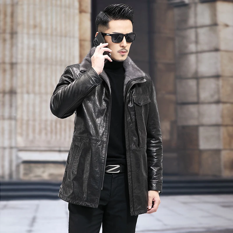 海宁真皮皮衣恒元祥男士中长款头层牛皮外套水貂内胆翻领皮衣