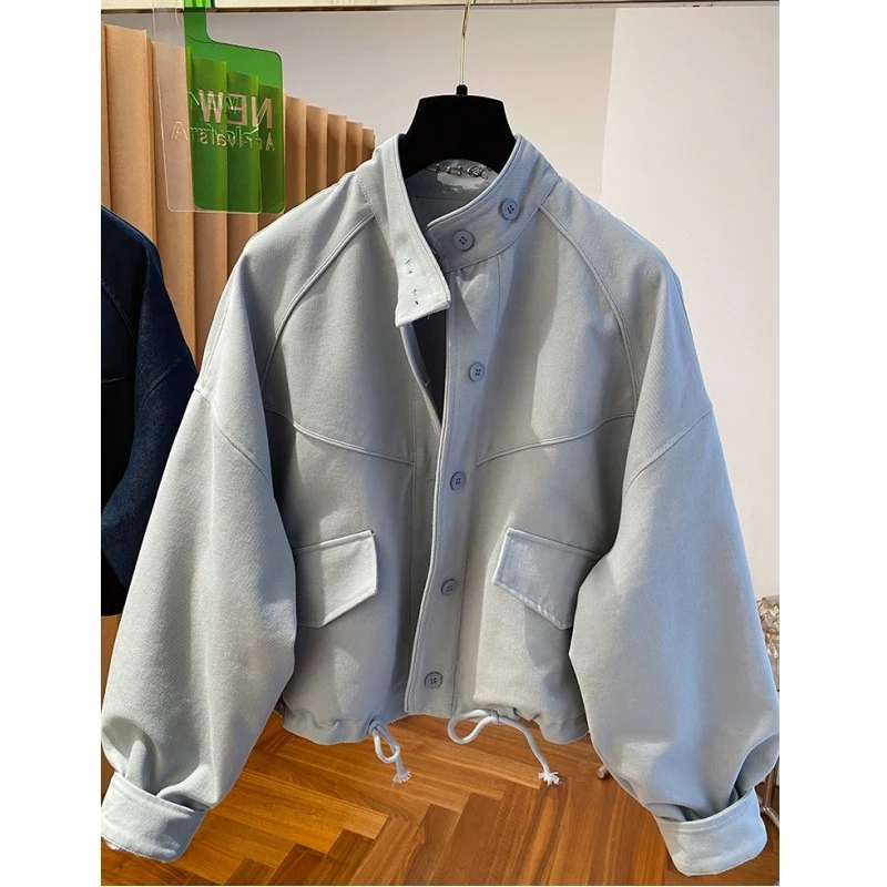 韩系淡蓝色立领牛仔外套女春秋季2025新款宽松短款小个子夹克上衣