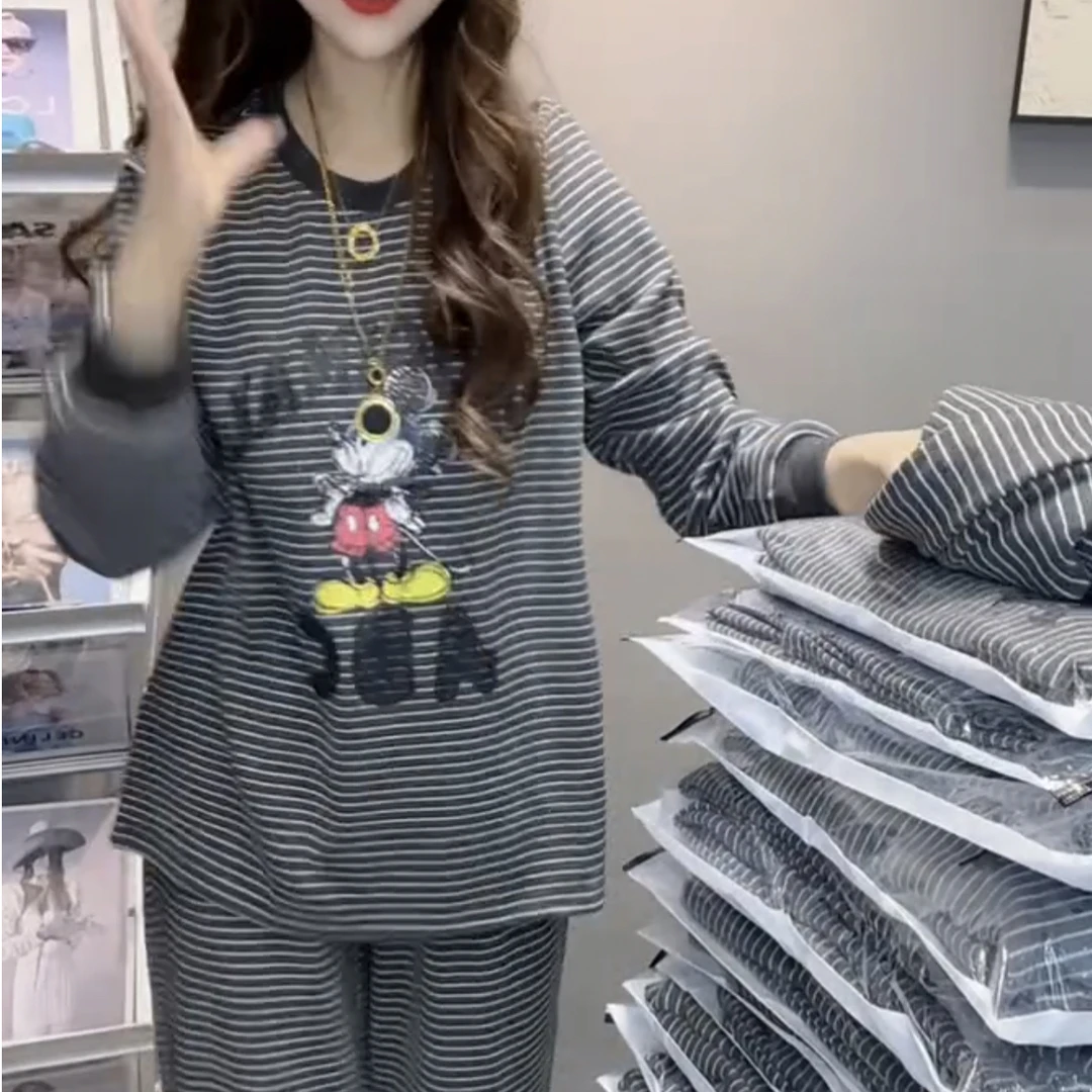 秋季新款卡通米奇条纹女士家居服睡衣套装
