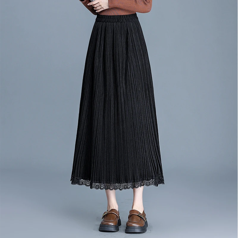 拉夏贝尔蕾丝花边细褶半身裙2025秋冬季新款中长款垂感丝绒百褶裙