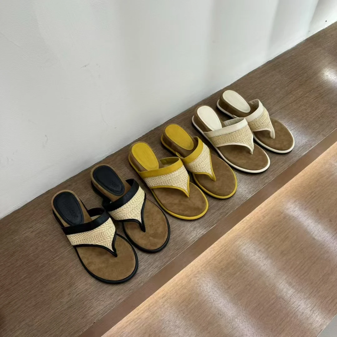 3158-2 复古休闲小众夹趾拖编织麻料人字拖外穿时尚坡跟凉拖鞋