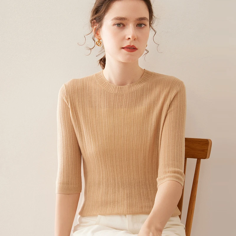 春夏款圆领抽条短袖女桑蚕丝精纺羊绒打底针织衫显瘦百搭SH-2506