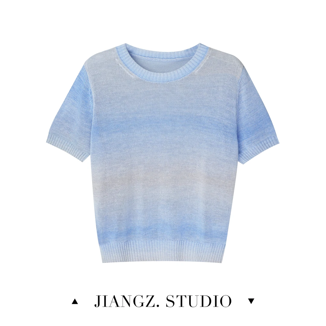 panii【晴天】小众渐变针织衫夏季休闲时尚圆领新款短袖显瘦上衣
