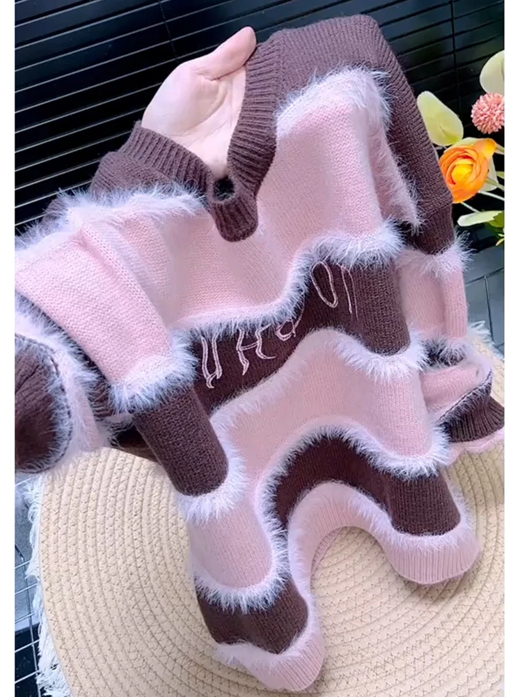 韩版撞色条纹毛套头衣女2025秋冬新款长袖圆领小众设计感针织上衣