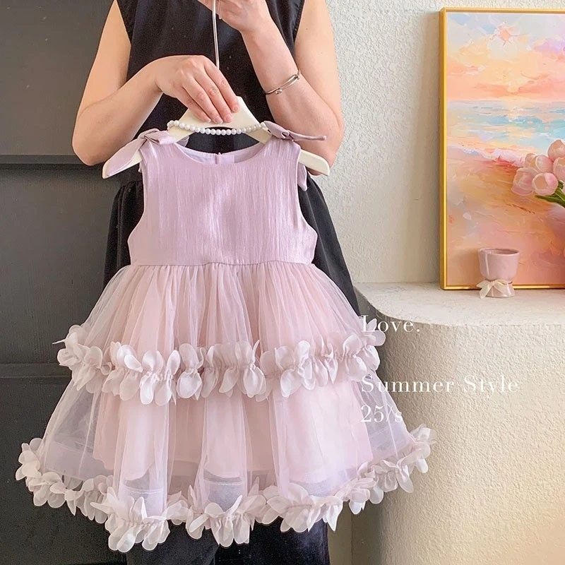 甜美儿童生日礼服新款女宝宝公主裙夏季洋气连衣裙中长款无袖圆领