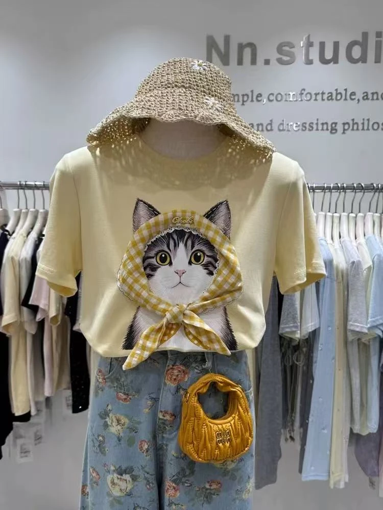 （十三行）2025夏季新款正肩短袖t恤女设计感格子猫显瘦圆领上衣女