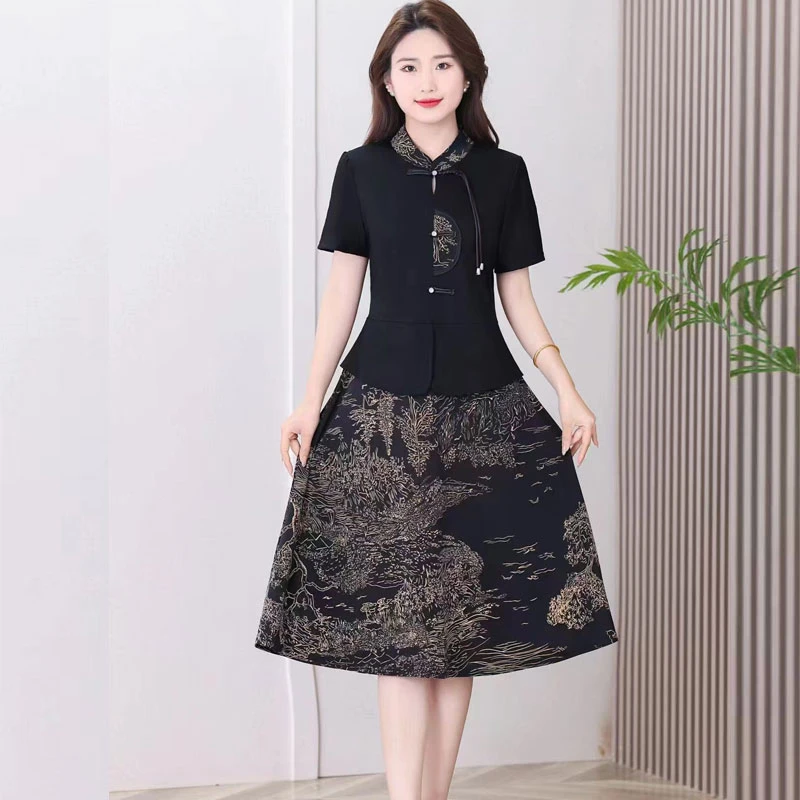 夏季中国风新款妈妈连衣裙显瘦中长款假两件时尚洋气中老年女装