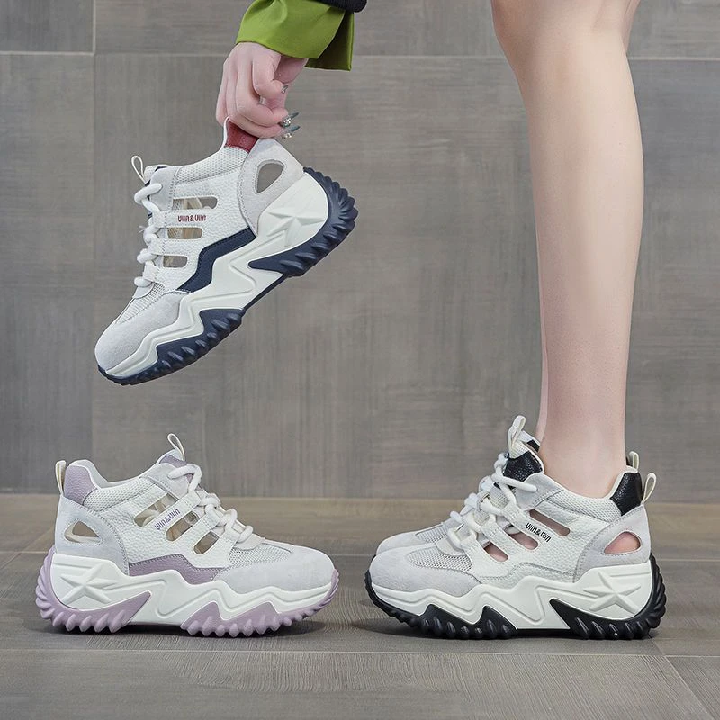 真皮女鞋厚底增高新款休闲透气镂空显瘦2025夏季时尚百搭小个子鞋