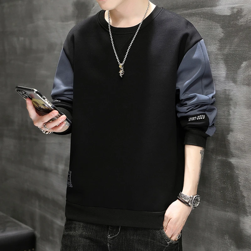 男士长袖卫衣秋冬季保暖休闲百搭上衣拼接款男士圆领潮流长袖上衣