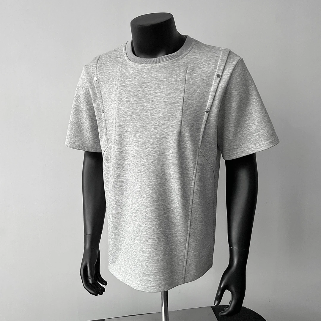 灰色解构铆钉重磅正肩短袖t恤男夏季美式复古潮牌痞帅宽松五分袖