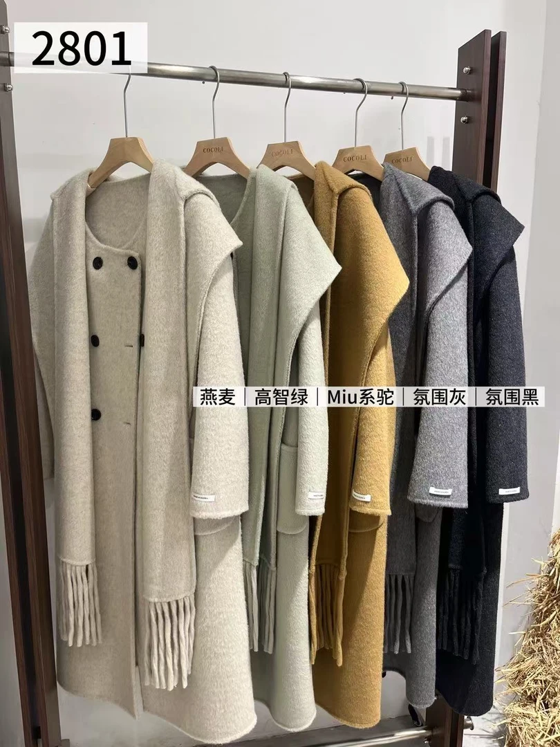 2025秋冬新款韩版宽松显瘦围巾领羊毛呢外套羊毛大衣女中长款2801