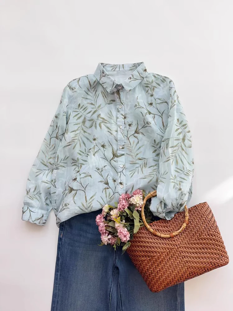 薄款枝叶印花衬衫女 高支苎麻小衫宽松百搭法式碎花上衣夏C2511