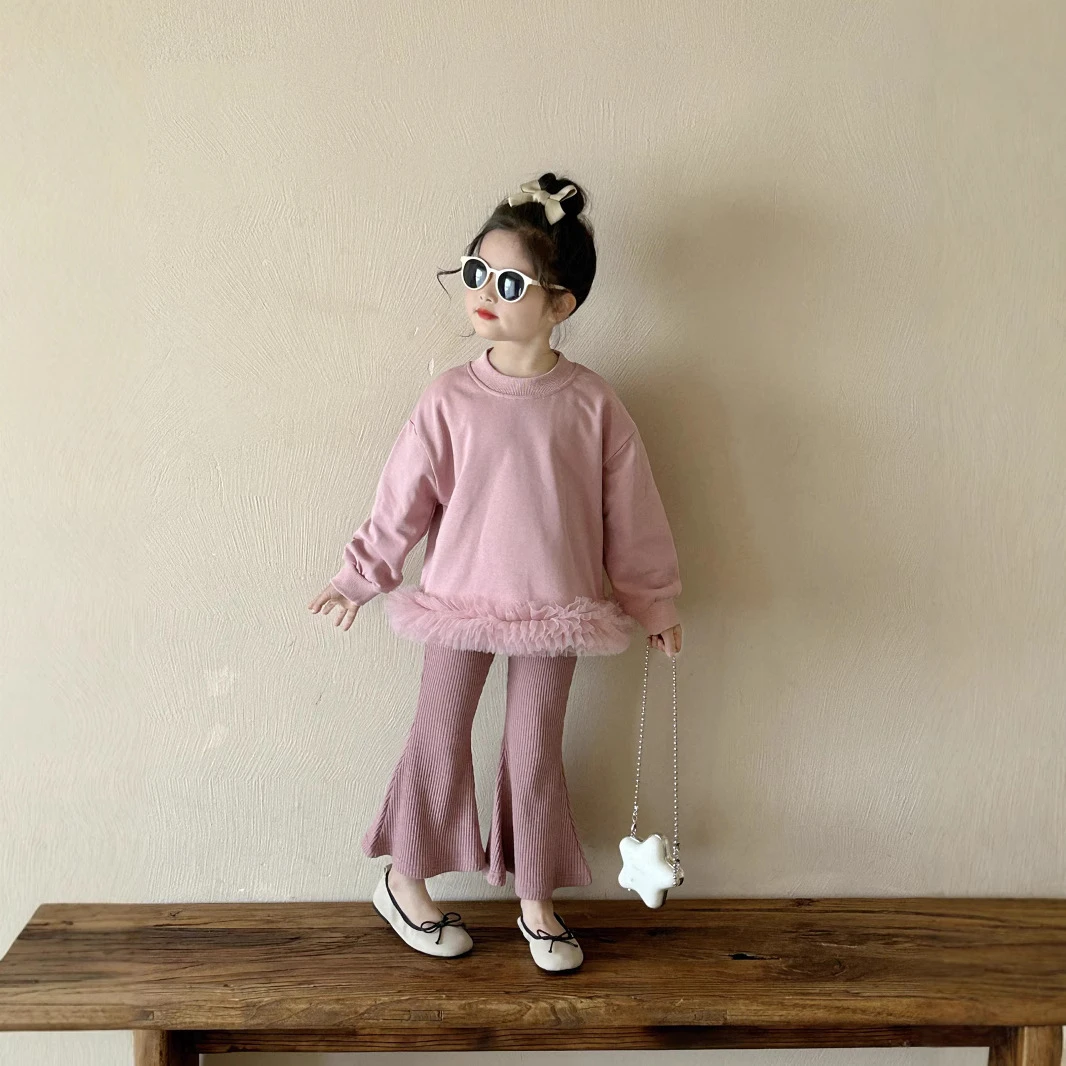 2025春季新款韩版女童粉色网纱花边卫衣搭喇叭竖条纹裤套装