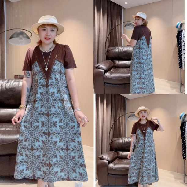 8888#拼接设计碎花显瘦洋气假两件夏季中长款连衣裙（卡码拍大）