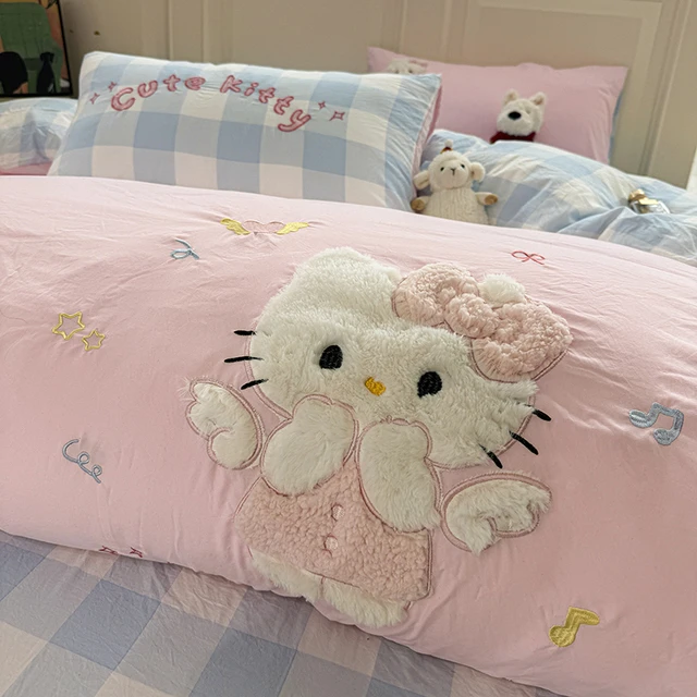 水星儿童家纺KT猫贴布绣水洗棉四件套可爱被套床单人女大宿舍非全