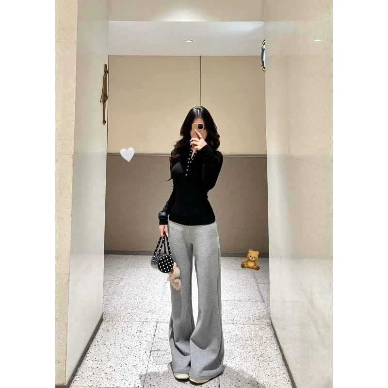 美式半开领长袖T恤打底衫女纯欲紧身内搭短款针织上衣灰色阔腿裤