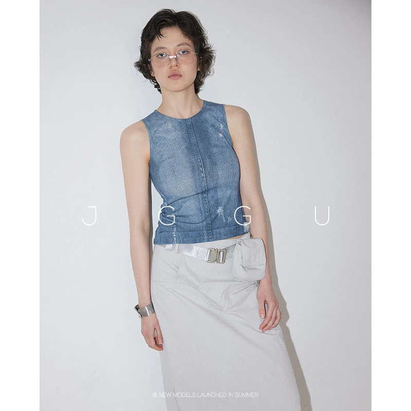 【朋克辣妹】复古辣妹立体剪裁设计防牛仔感印花背心JG11250069