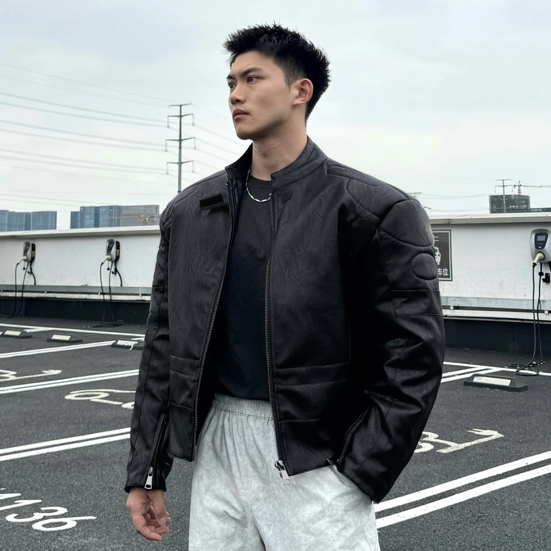 美式重工立体廓型机车夹克皮衣棉服潮流复古男士短款