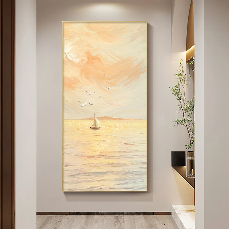 北欧入户玄关装饰画壁画肌理现代简约海景风景竖版走廊过道装饰画