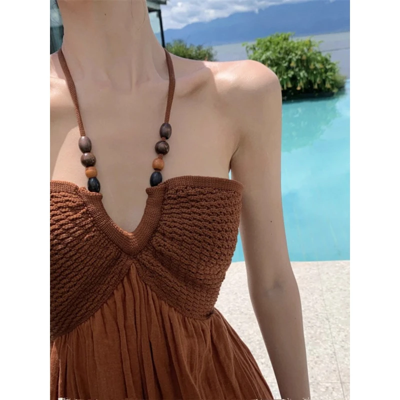 西双版纳旅游穿搭复古串珠挂脖针织拼接连衣裙泰国海边度假沙滩裙