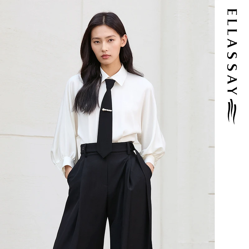 ELLASSAY歌力思2025早秋新款桑蚕丝气质珠光白衬衫女EWE363C03800