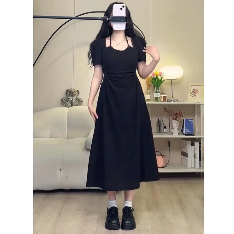 大码女装胖mm赫本风露肩挂脖褶皱收腰连衣裙女夏季显瘦遮肉黑裙