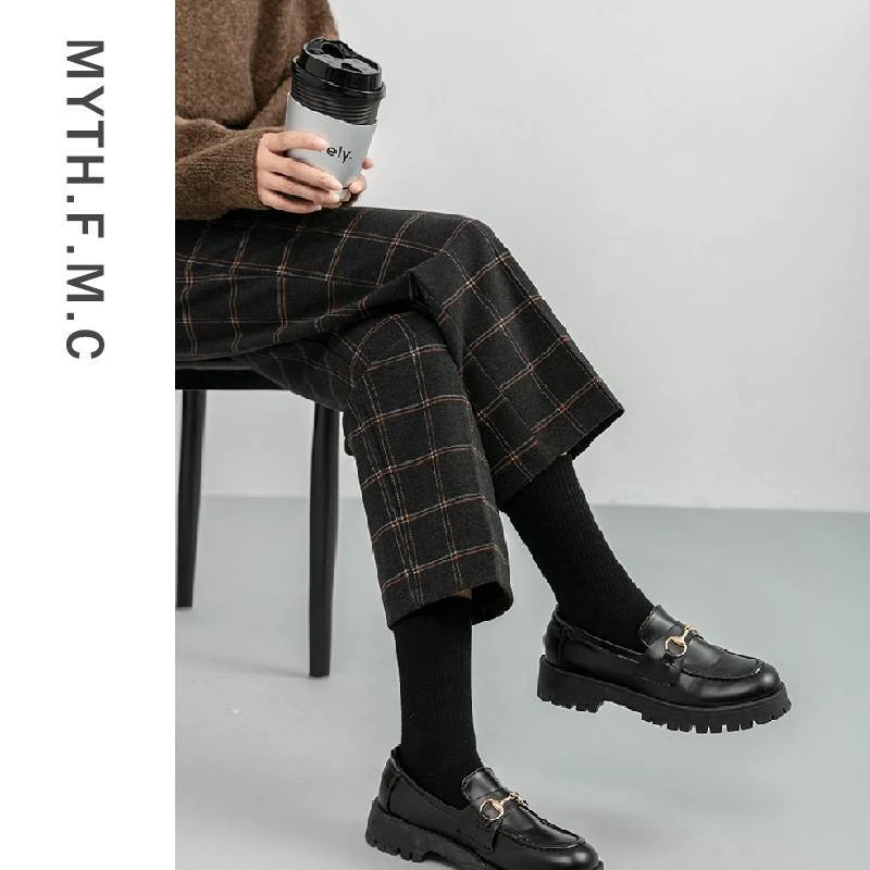 毛呢格子裤子女秋冬2025新款靴裤八九分小个子烟管直筒阔腿裤外穿