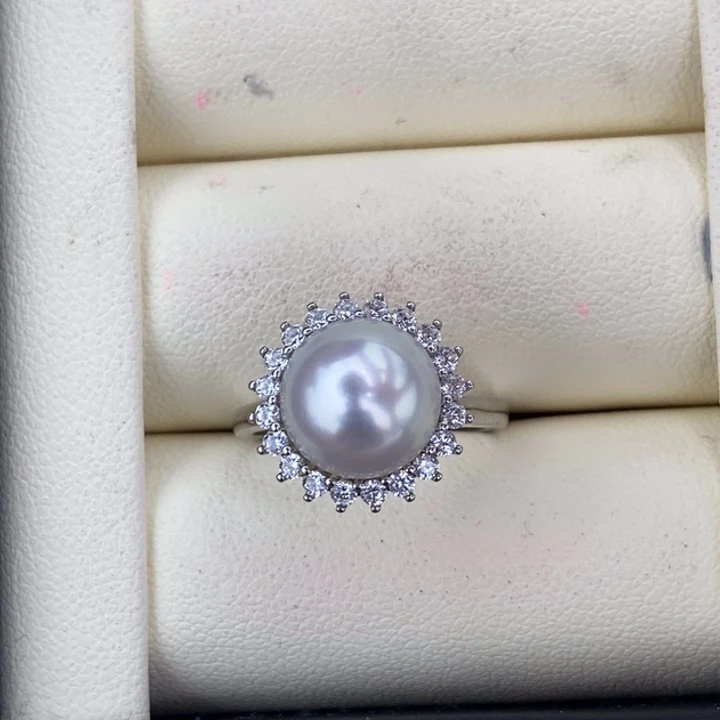 银S925镶嵌海水珍珠澳白戒指宝石光10-11mm特价不退换