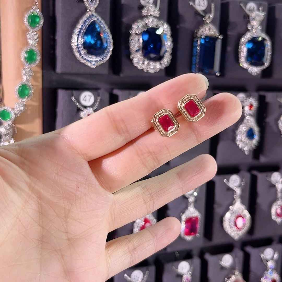 银S925镶嵌耳饰红宝石