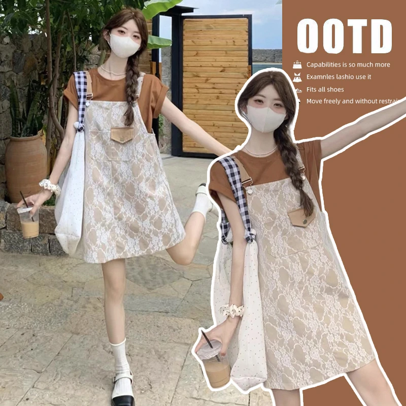 时尚减龄孕妇装夏季新款洋气设计感蕾丝提花背带连衣裙百搭上衣女