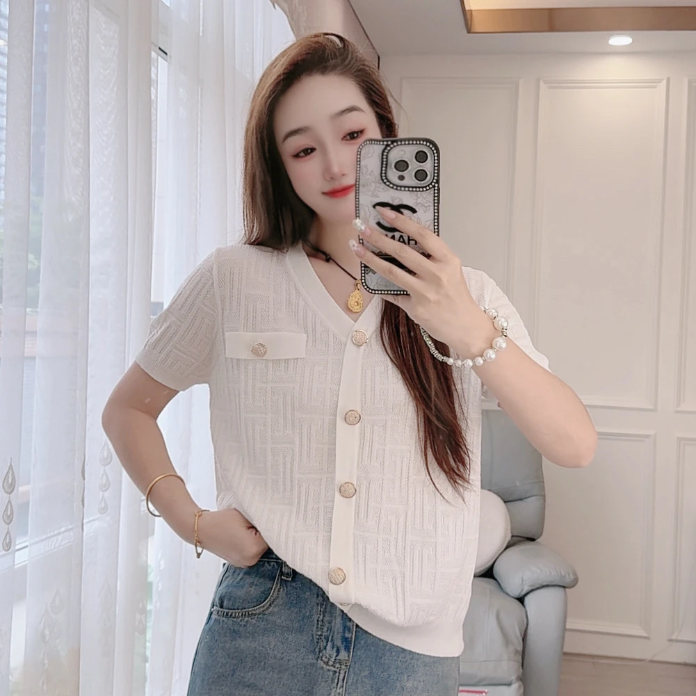 2593夏季新款针织衫套头小香短袖假开衫宽松女装镂空上衣显瘦百搭