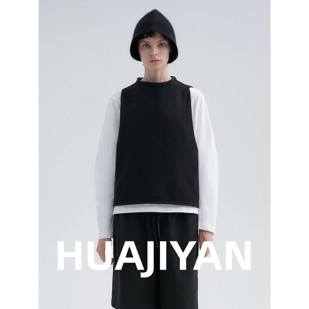 华吉言/HUAJIYAN【骑士】100绵羊毛卷边设计小圆领无袖马甲