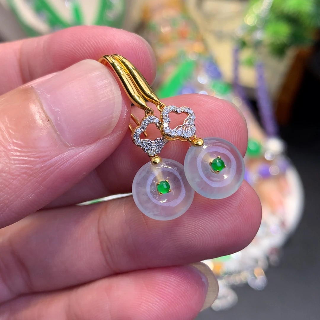 翡翠18K金镶嵌耳饰小平安扣