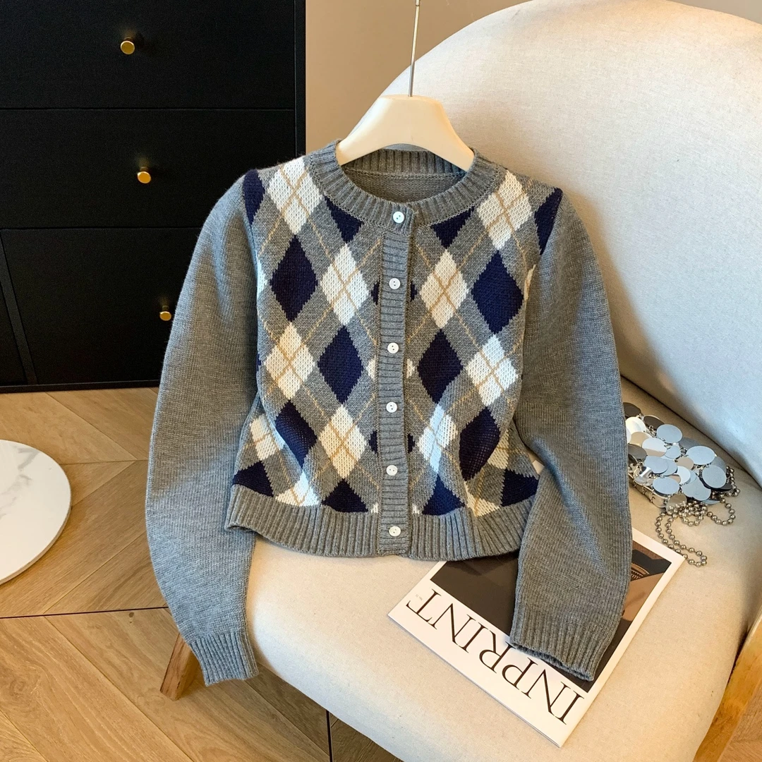 韩系学院风格纹长袖针织开衫女2025春秋新款小众设计感慵懒风上衣