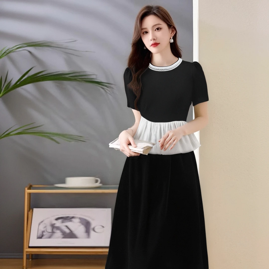 B【两件套】2025夏设计拼接花边褶皱不规则女时尚减龄收腰套装D2076