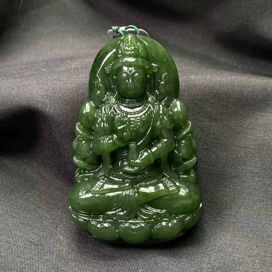 【迈越珠宝】天然和田玉俄料碧玉老坑辣菠菜绿大观音苏工雕刻吊坠