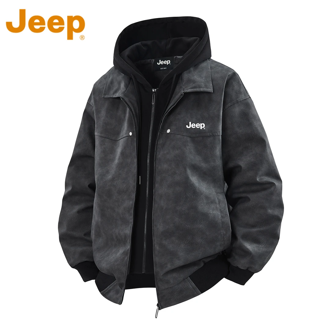 JEEP吉普美式假两件皮衣外套男款秋季宽松潮流痞帅休闲百搭皮夹克