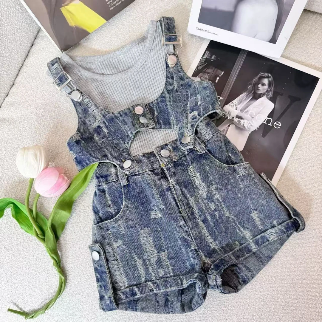 2025夏季女童牛仔背心短裤套装女宝宝纽扣吊短裤牛仔洋气两件套