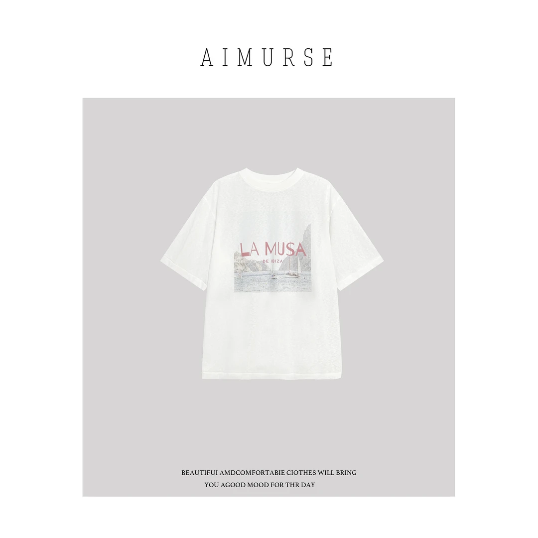 AIMURSE【帆船】小众设计师 字母烫印图案出游穿搭休闲T恤 AM6868