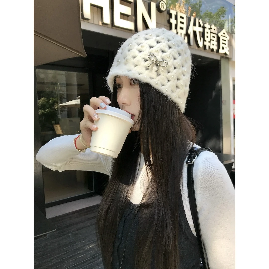 珍珠蝴蝶结镂空针织包头帽女韩系冷帽显脸小包头帽