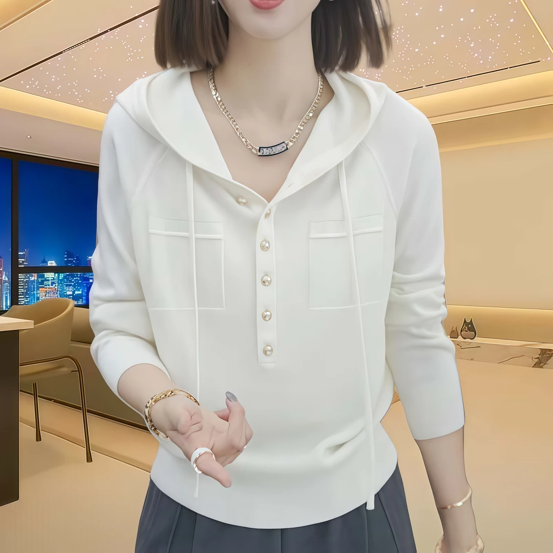 秋冬宽松半开领连帽针织衫套头女2025新款单排扣休闲百搭长袖小衫