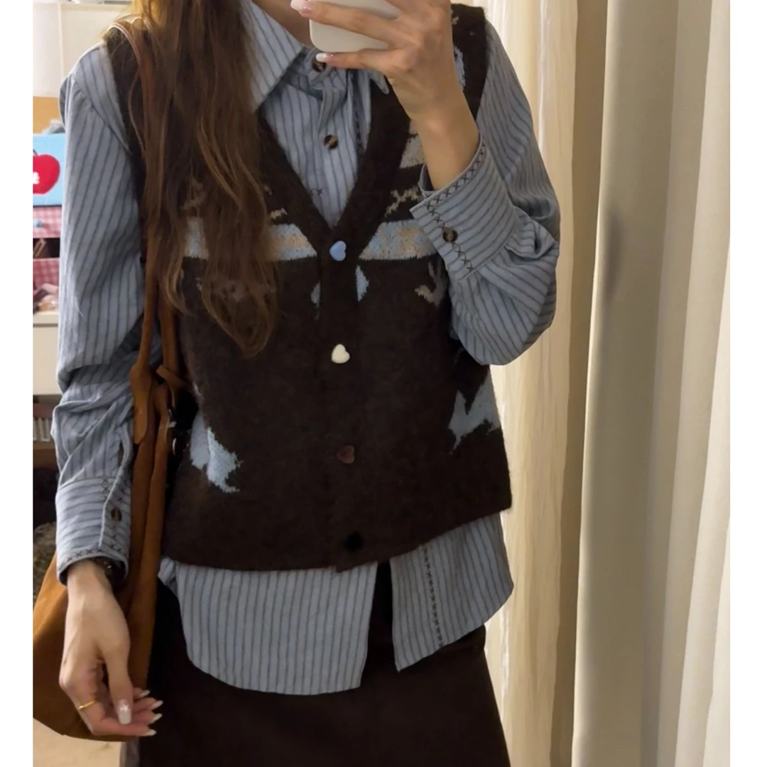 FCYSTUIDOHZJ复古叠穿刺绣衬衫软糯V领宽松针织马甲女秋冬