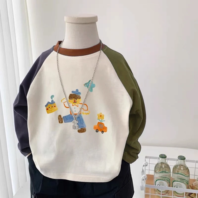 儿童春秋新款男女童趣味卡通印花上衣洋气纯棉透气长袖T恤打底衫