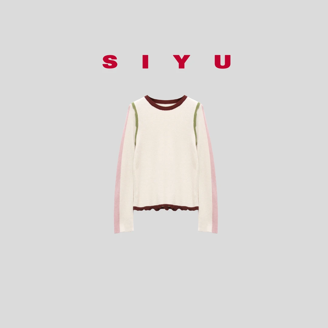 【WOUWOU】圆领彩色线条毛衣上衣