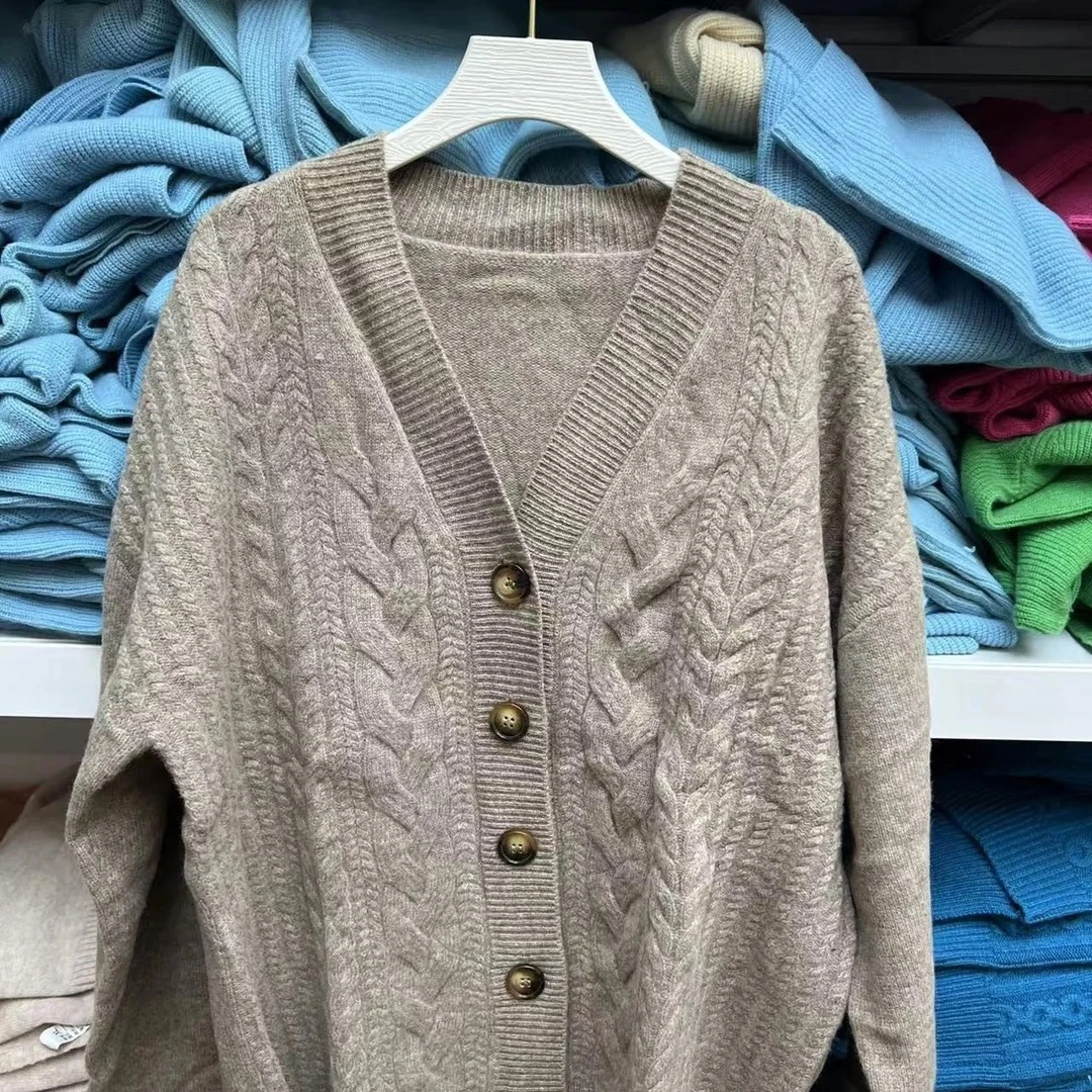 秋冬女士针织时尚v领绞花开衫