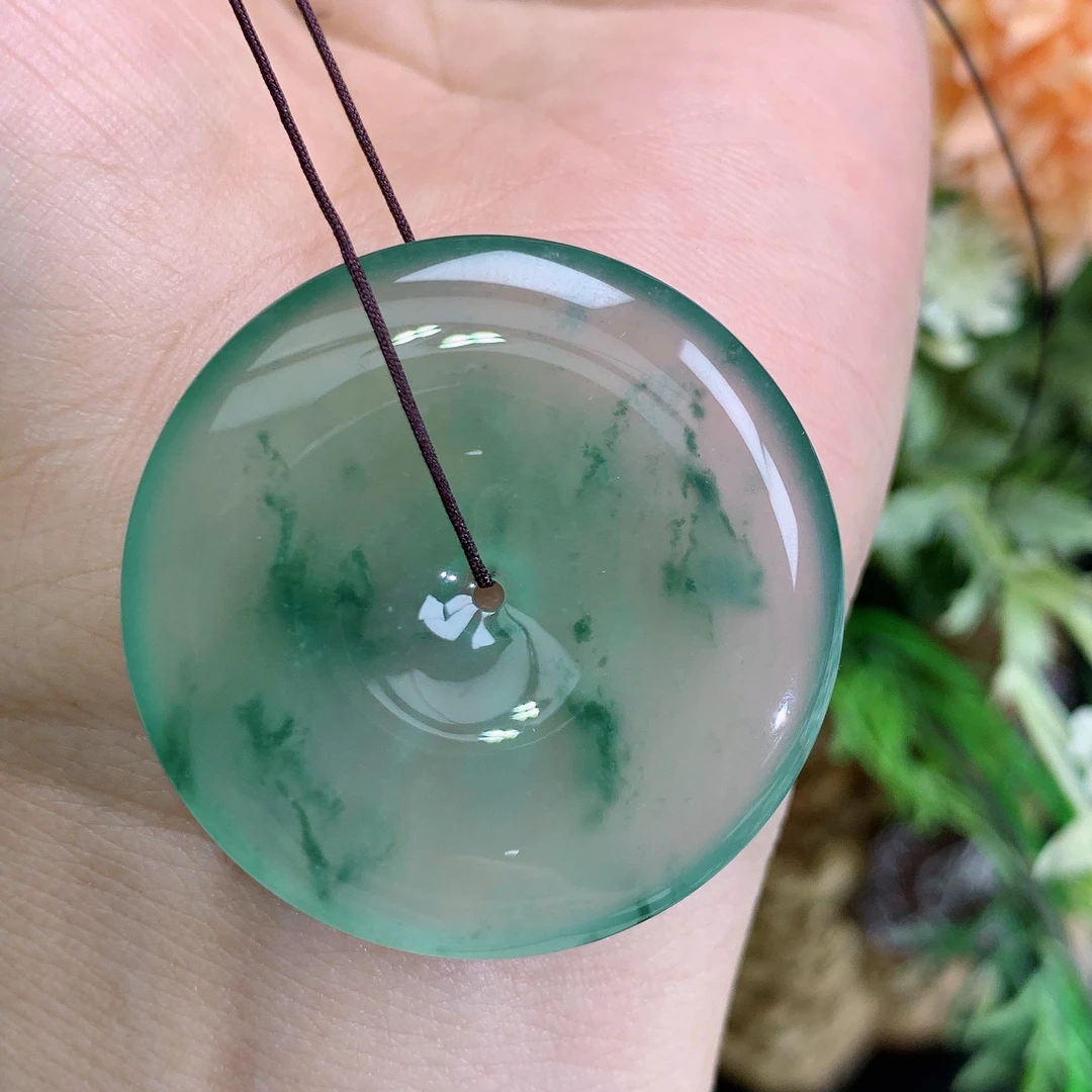 缅甸天然翡翠A货高冰起光晴绿飘花平安扣吊坠龙尺寸36/6mm