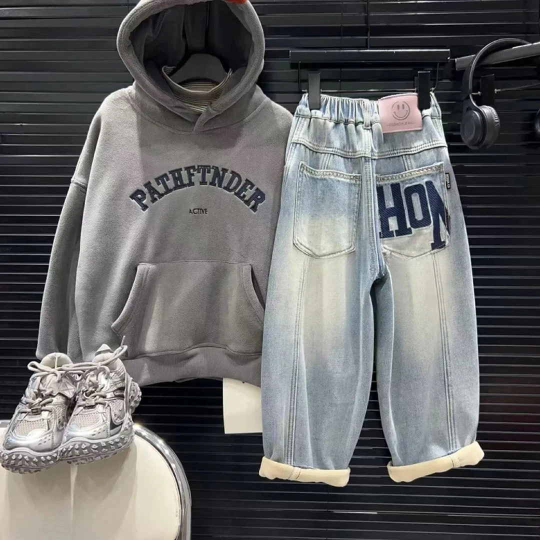 男童加绒裤子2024冬装新款儿童牛仔裤宝宝老爹裤加厚中大童棉裤潮